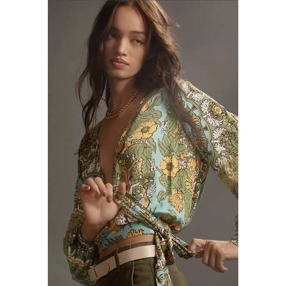 Tiny Long-Sleeve Printed V-Neck Wrap Top - New Medium - Picture 1 of 5